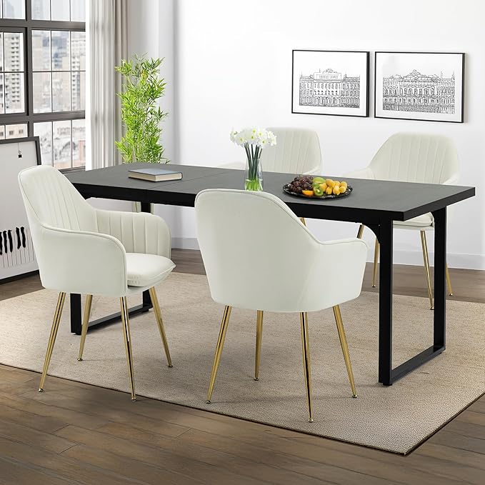 ECOTOUGE Matte Velvet Dining Chairs Set of 4, Modern Arm Chair with Golden Metal Legs, Living Room Accent Chairs for Kitchen, Beige