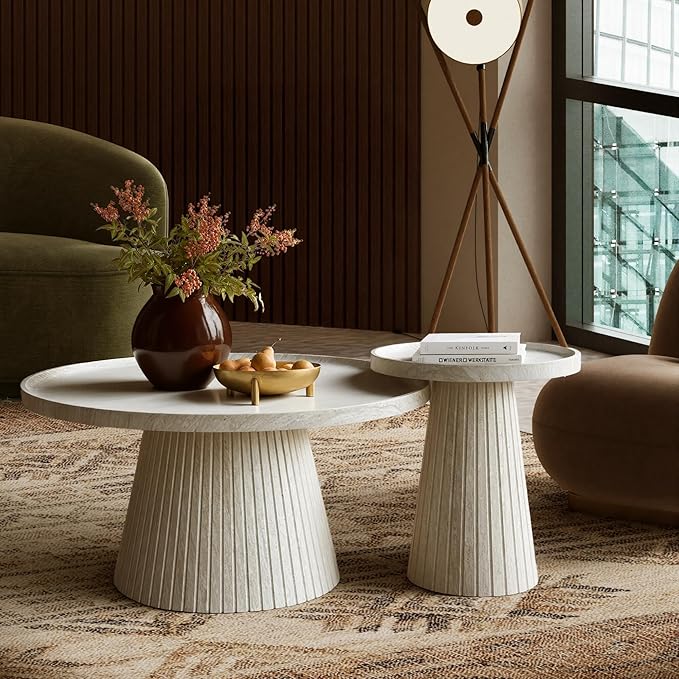 win2win Nesting Coffee Table Set of 2, Modern Fluted Coffee Table with Faux Stone Veneer, Travertine Round Tea Table and End Table Set, Minimalist Center Tables for Living Room, Office, Stone