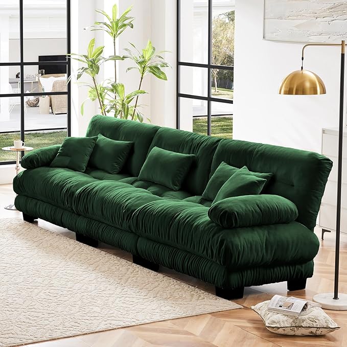 133.8" Oversized Couch, 3 Seater Modular Sectional Sofa, Green Large Sectional Couches for Living Room, Fluffy Chenille Fabric Cloud Couch with 5 Pillows, Deep Seat Sofas