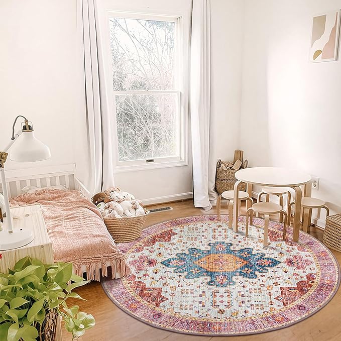 Moynesa Ultra-Thin Washable Round Rug - 6ft Pink Large Living Room Circle Area Rugs, Vintage Dining Room Mat Stain Resistant Nursery Carpet for Bedroom Mudroom Kitchen Apartment Home Office
