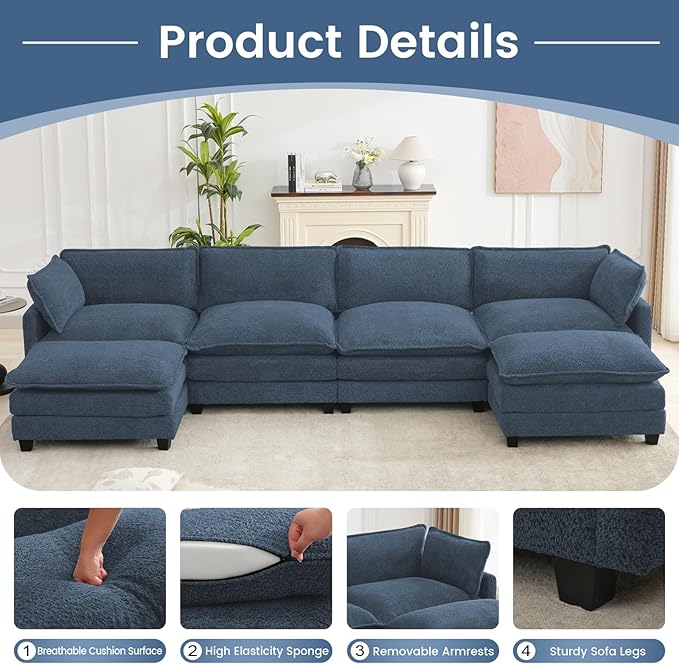 ROWHY Oversized Modular Sectional Couch with 2 Movable Ottoman, 148" Modern Convertible U Shaped Sofa Set, 4 Seat Comfy Cloud Couch with 2 Throw Pillows, for Living Room, Chenille, Royal Blue