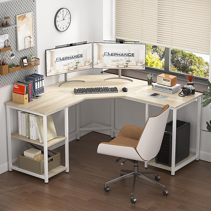 Elephance Large L-Shaped Computer Desk with Shelves, Corner Desk, Home Office Writing Workstation, Gaming Desk PC Latop Table with Storage
