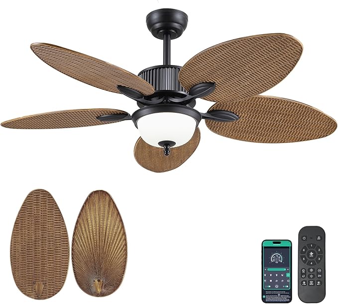 50 Inch Tropical Ceiling Fans with Lights and Remote/APP Control, Outdoor Waterproof Palm Leaf Ceiling Fan for Patios Porches, Wet Rated, Glass Lampshade, 6 Speeds, Quiet, Wood Grain