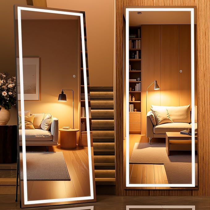 Full Length Mirror with Lights, 71" x 28" LED Lighted Floor Standing Mirror, Tempered Glass, Square Black
