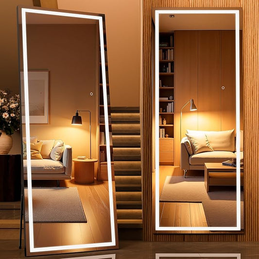 Full Length Mirror with Lights, 71" x 28" LED Lighted Floor Standing Mirror, Tempered Glass, Square Black