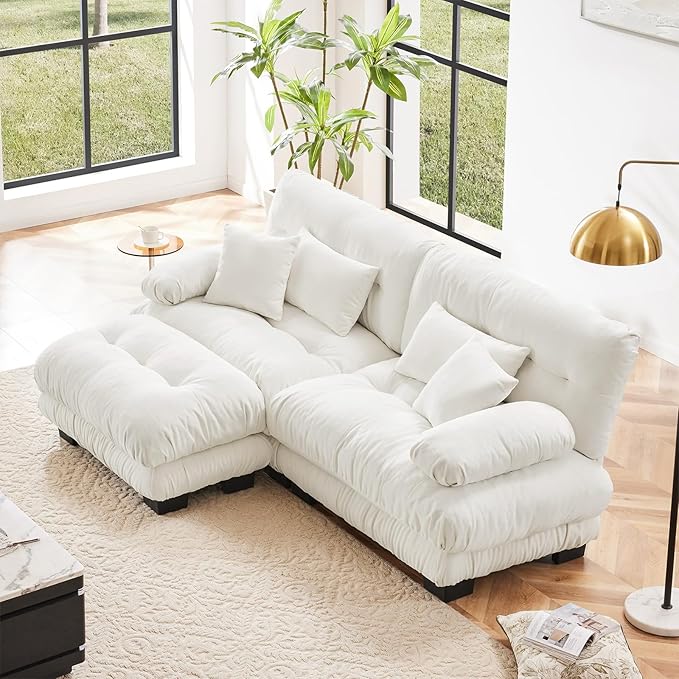 94.4" Loveseat Sofa, 2 Seater Modular Sectional Sofa, White Large L Shaped Sectional Fluffy Couch, Chenille Cloud Couch with Ottoman, Deep Seat Sofas for Living Home