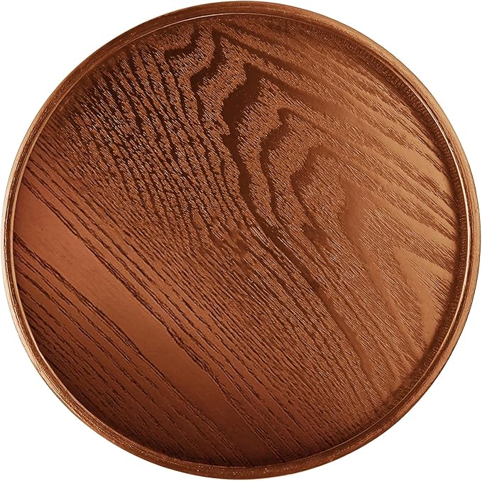 Round Solid Wood Serving Tray 30CM Brown,Decorative Wooden Serving Plate for Tea Coffee Snack Food Meals,Ottoman Breakfast Tray with Raised Edge,for Home,Kitchen,Bathroom,Party,Restaurant Decor(11.8")