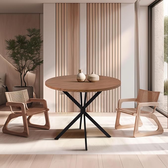 Round Dining Table, 39 Inch Modern Round Walnut Dining Table with Black X Base, Kitchen Leisure Table for 4-5 People Small Space Dining Room, Apartment, Kitchen