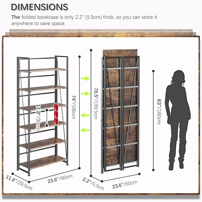 4NM No Assembly Folding Bookshelf, 6-Shelf 74" H Collapsible Foldable Bookcase Storage for Small Spaces, Rustic Brown and Black