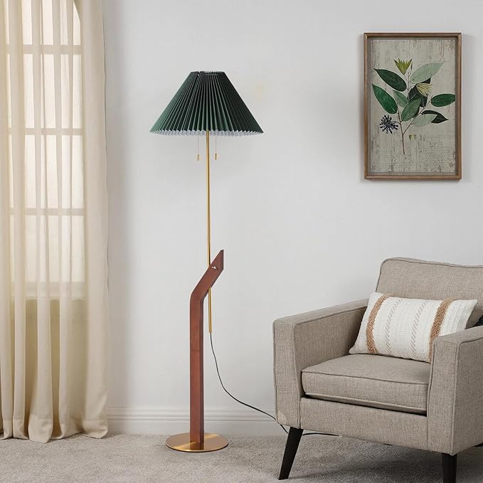 Floor Lamps for Living Room,Mid Century Modern Wood Floor Lamp,Height Adjustable Study Room,Bedroom,Office Vintage Tall Standing Glod Floor Lamp,Green Pleated Lampshade