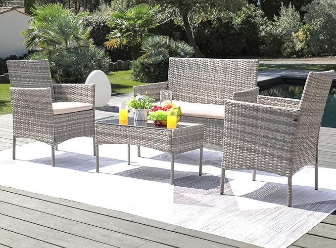 Greesum Patio Furniture 4 Pieces Conversation Sets Outdoor Wickerr Rattan Chairs Garden Backyard Balcony Porch Poolside loveseat with Soft Cushion and Glass Table, Gray and Beige