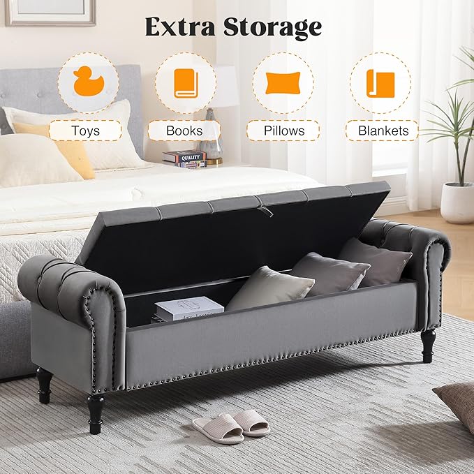 Velvet Storage Bench 67 Inch Upholstered Tufted Ottoman Bench with Rolled Arms Large Storage Space King Size End of Bed Bench for Bedroom Living Room Entryway Dark Grey