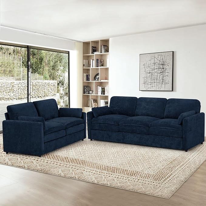 2 Pieces Chenille Sofa Set w/Arm Pillows, Upholstered Loveseat & 3 Seater Sofa w/Comfortable Back Cushions, Modern 2-Seat & 3-Seat w/High-Density Foam for Living Room, Apartment, Blue