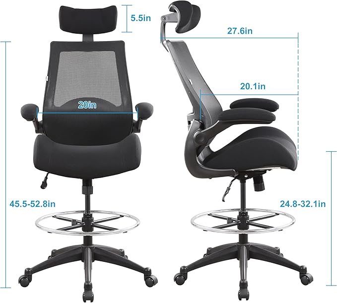 BOLISS 400lbs High Back Wide Comfortable Office Drafting Chair with Flip up Armrests Lumbar Support Adjustable Big Footrest Ring(Black)