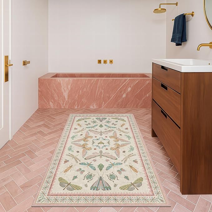 3x5 Flower Area Rug for Girls Bedroom - Washable Light Pink Large Entryway Rug for Laundry Room, Kitchen, Bedroom, Dorm, Insect Print Vintage Floral Non-Slip Throw Rug Low Pile Stain Resistance