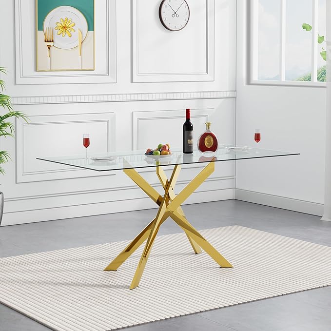 Goujxcy Glass Dining Table Set for 6, Modern Kitchen Table and Chairs Set of 6, 7-Piece Kitchen Dining Room Table Set w/51 Glass Gold Dining Table and 6 Black Velvet Upholstered Chairs