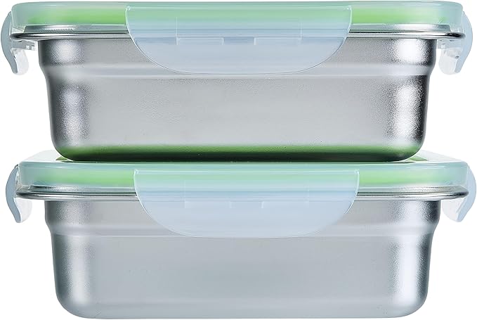 Set of 2 Stainless Steel Sandwich Containers - Food Grade Stainless Steel Metal Base plus a BPA Free, Lock Tight BPA Free Lid with Airtight Silicone Seal. Great for Sandwiches and Snacks