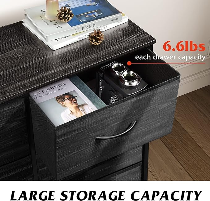 WLIVE Black Dresser for Bedroom, 6 Drawer Double Dresser, Fabric Storage Tower with Fabric Bins, Chest of Drawers for Closet, Living Room, Hallway
