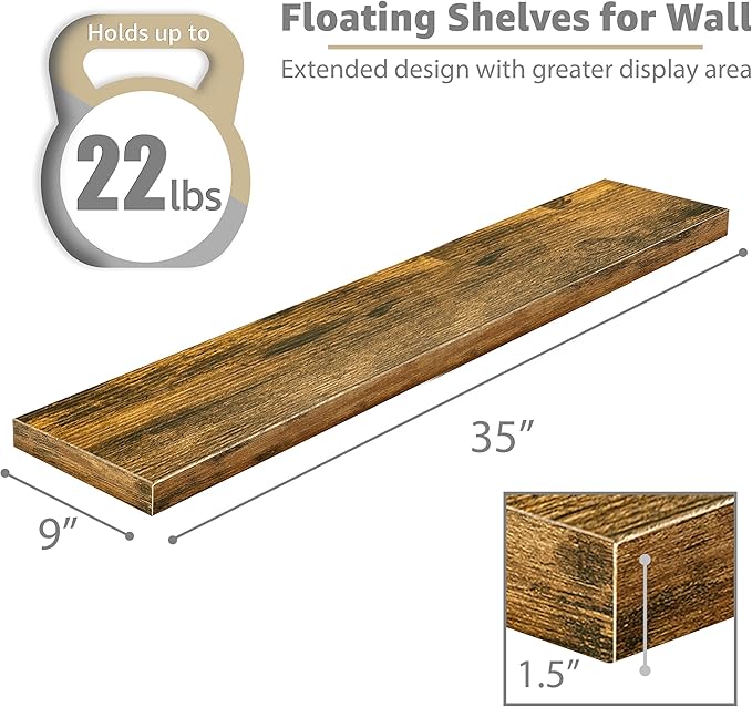 Sorbus Floating Shelves for Wall - 35 Inch Long Bathroom Shelves, Wall Decor for Bedroom, Kitchen, Living Room & Book Storage - Mounted Floating Shelf with Invisible Brackets (Rustic Brown, 2 Pack)