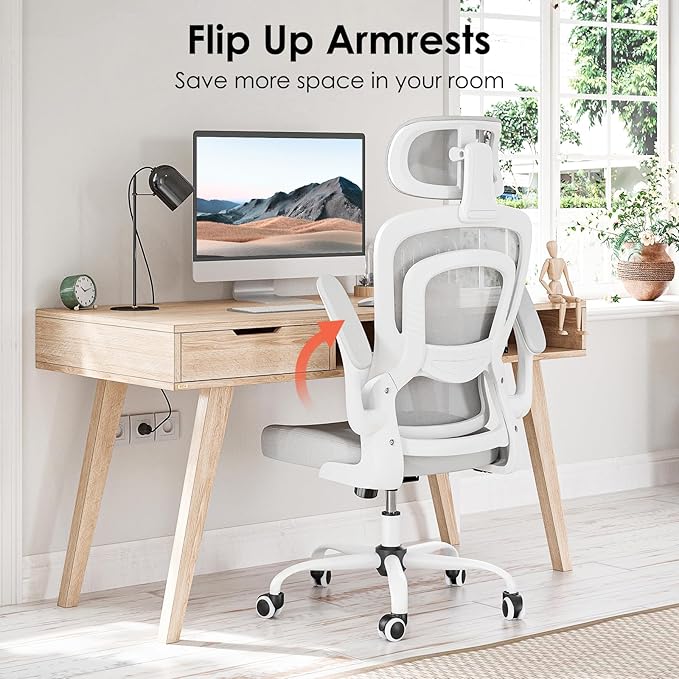 Farini Ergonomic Office Chair, Desk Chair with Headrest and Lumbar Support, High Back Swivel Home Office Chair with Headrest for Home Office Bedroom, Gifts, White & Gray