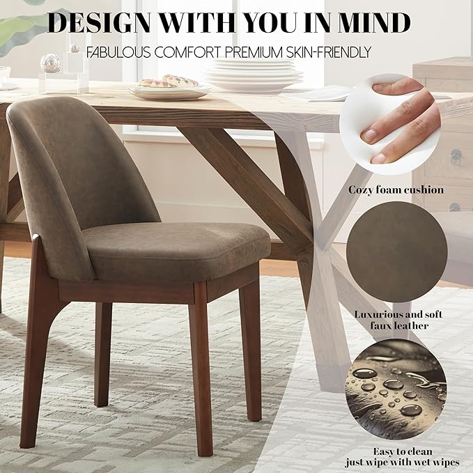VKNOW Modern Dining Chairs Set of 4, Faux Leather Kitchen Chairs with Wood Legs, Upholstered Side Chair for Kitchen Dining Room, Dark Brown