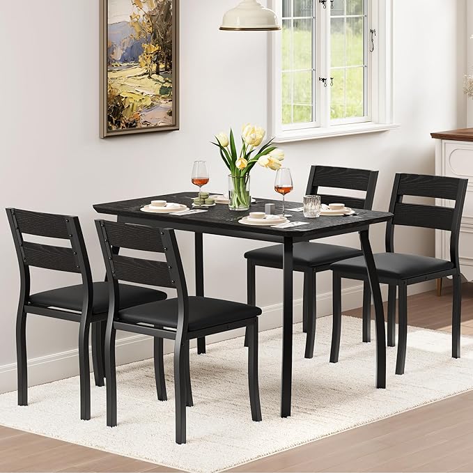 GAOMON 5 Piece Dining Table Set for 4, Space-Saving Kitchen Table with Upholstered Chairs, Modern Angled Corner Design, Compact Dinner Set for Small Spaces, Apartment, Dining Room, Black