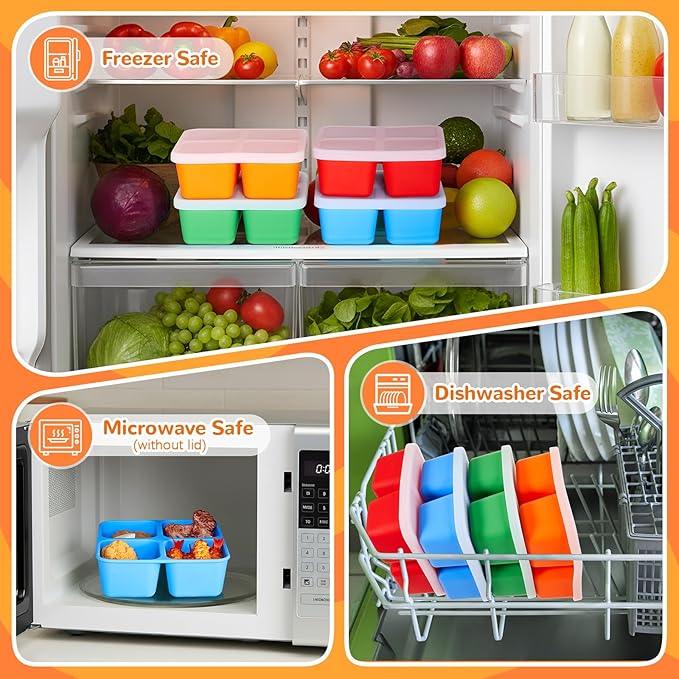 Roshtia 4 Pack Silicone Food Containers with Lids, Reusable Packs Bento Lunch Box for Meal Prep Food Storage, Microwave Dishwasher Safe(4 Compartment,Bright)