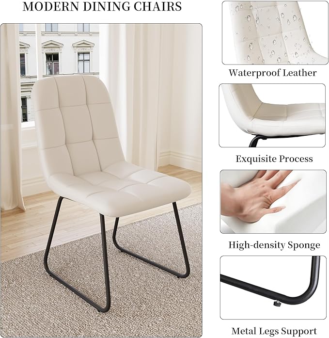 Dining Table Set for 4-6 People, 46 Inch Modern MDF Oak Kitchen Table with 4 Faux Leather Chairs, Rectangular Dining Room Table Set for Home, Small Spaces, Breakfast Nook (Oak Table + 4 White Chairs)