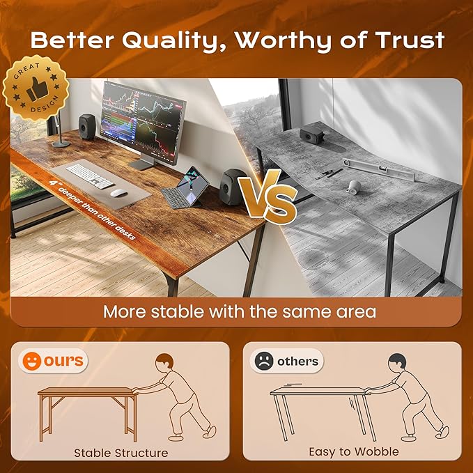 PRAISUN 54 X 24 Inch Computer Desk with Deeper Desktop, Gaming Office Writing Work Desk for Home Office, Study, Bedroom, Work from Home, Metal Frame, Rustic Brown