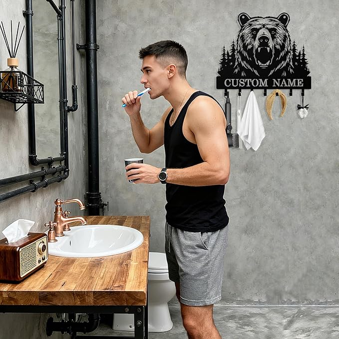 Personalized Bear Key Holder Wall Mount, Custom Metal Keys Hanger for Wall with Name, Custom Key Rack Holder with Hooks for Home, Entryway, Front Door, Living Room, Kitchen, Bathroom