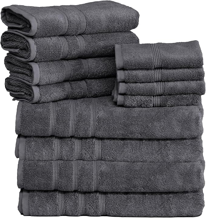 Mosobam Luxury Turkish 12pc Towel Set 30X58 16X30 13X13 Charcoal Gray (Dark Grey) 700 GSM Bamboo Viscose & Aegean Turkish Combed Cotton