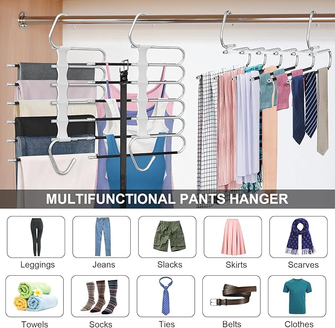 Upgrade 6 Layers Pants Hangers Space Saving, 2Pack Stainless Steel Multifunctional Rack Non Slip S-Type Clothes Jean Hanger Closet Organizer for Jeans Leggings Trousers Skirts Scarf, White