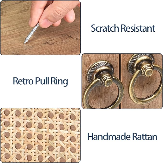 26" Rattan-Door Sideboard Cabinet with Round Pull Rings, 2-Door Credenza Buffet with Generous Storage, Modern Accent Cabinet for Living Room & Kitchen, Light Brown