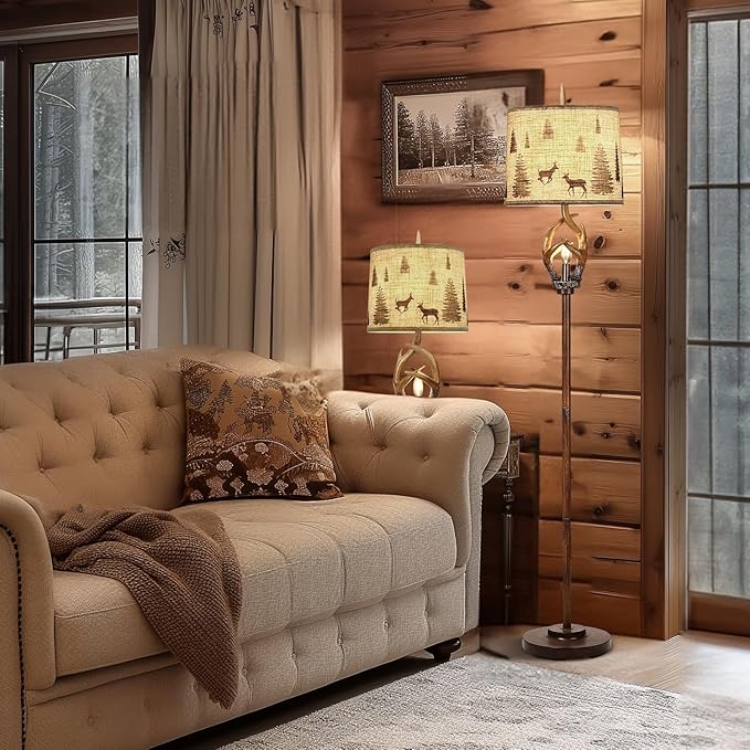 Scenekoy Rustic Farmhouse Antlers Floor Lamp with Nightlight Brown Finish Round Shade Lamps for Living Room Bedroom Office Study House