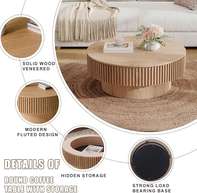 31.5'' Small Round Coffee Table with Storage, Fluted Coffee Table with Solid Wood Veneered, Mid Century Modern Wooden Center Table, Accent Tea Table for Small Space Living Room Apartment, Natural