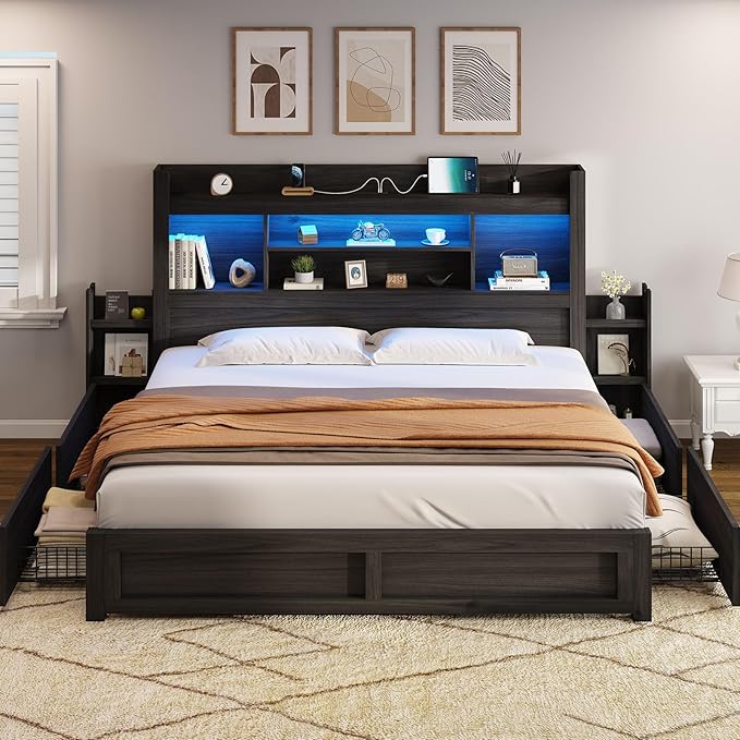AMERLIFE King Size Bed Frame with 4 Storage Drawers, LED Bed Frame with 49.6" Tall Bookcase Headboard, Wood Platform Bed with Charging Station & 2 Slide Bedside Shelf, No Box Spring Needed/Black