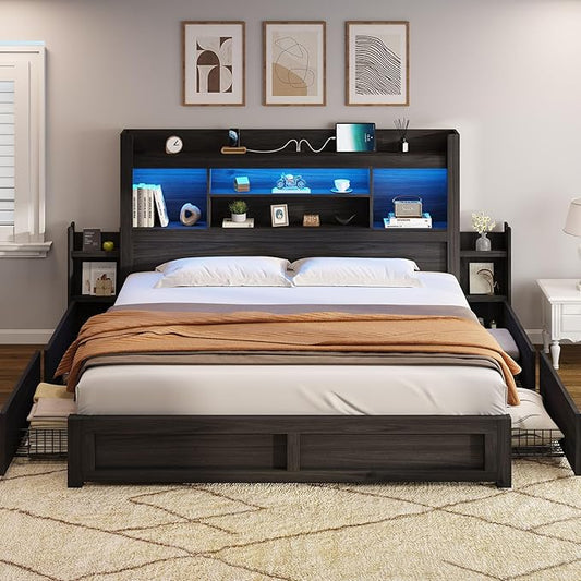 AMERLIFE King Size Bed Frame with 4 Storage Drawers, LED Bed Frame with 49.6" Tall Bookcase Headboard, Wood Platform Bed with Charging Station & 2 Slide Bedside Shelf, No Box Spring Needed/Black