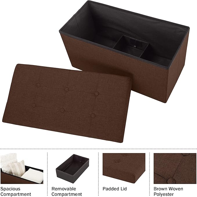 Folding Storage Ottoman - 30-Inch Tufted Footrest, Linen Chest, or Bench with Removable Bin for Living Room, Bedroom, or Dorm by Lavish Home (Brown)