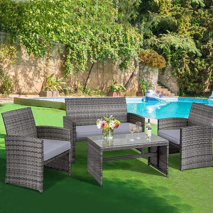 Tangkula 8 Pieces Patio Wicker Conversation Furniture Set, Patiojoy Sofa & Table Set w/4 Seats, Outdoor Rattan Sofa Set for Balcony Backyard, Wicker Chair Set with Tempered Glass Coffee Table
