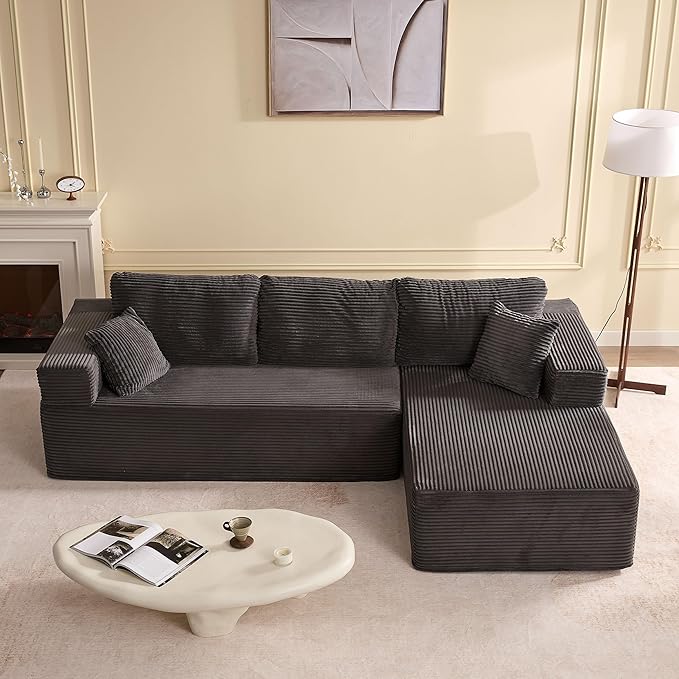 107" Boneless Couch with Deep Seat, Modular Sectional Sofa, Cloud Sectional Couch for Living Room, No Assembly Required, Corduroy, L-Shape Right?Grey