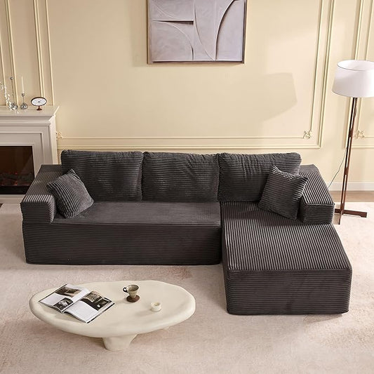 107" Boneless Couch with Deep Seat, Modular Sectional Sofa, Cloud Sectional Couch for Living Room, No Assembly Required, Corduroy, L-Shape Right?Grey