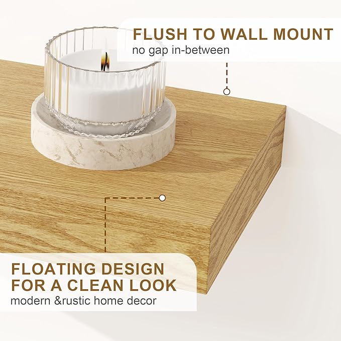 Fun Memories Floating Shelves for Wall, 20Inch Floating Shelves Set of 2, Hanging Shelf with Invisible Brackets, Wood Shelves for Living Room, Bedroom, Kitchen, Oak