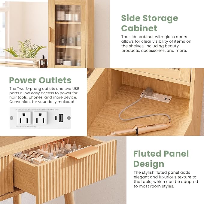 Fluted Makeup Vanity Desk with Mirror and Lights, 5 Drawers Glass Top Makeup Vanity with 4 Storage and 9-Grid Organizer, 3 Color Ribbed Glass Dressing Table with Charging Station, Natural Oak