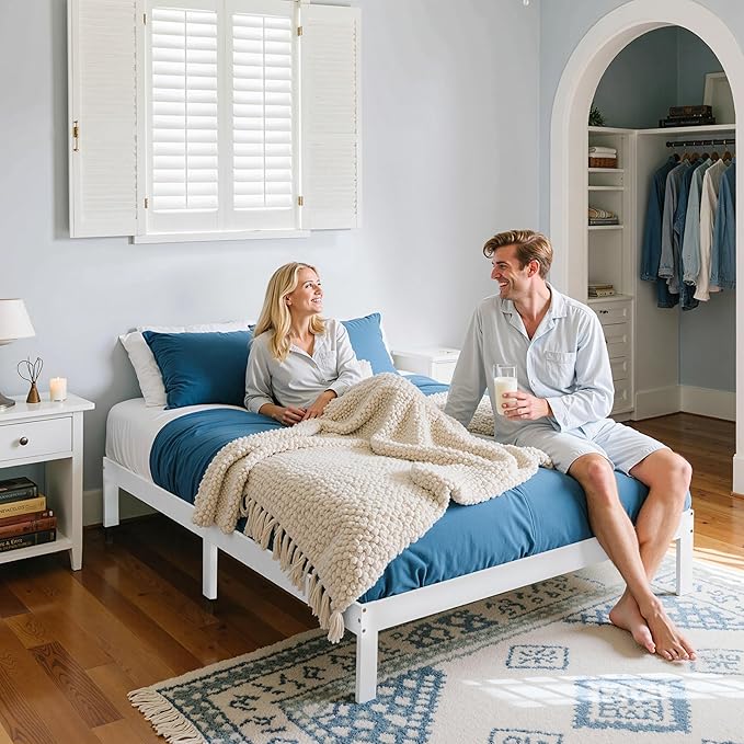 Hokway Wood Queen Bed Frame-No Wobble,Noise-Free,Easy Assembly with Precise Holes,12 in Wood Slat Support,No Box Spring Needed,White