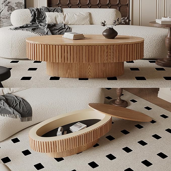 47.2" Oval Coffee Table with Storage, Fluted Coffee Table with Solid Wood Veneered, Mid Century Modern Wooden Center Table, Accent Tea Table for Living Room Apartment, Natural