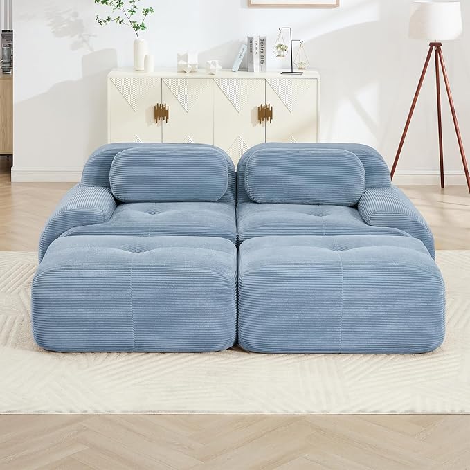 80" Modern Corduroy Boneless Love Seat Couches with 2 Ottomans, 2 Seater Large Sectional Couches for Living Room, Blue Cloud Modular Sectional Sofa, Memory Foam, Extra Deep Loveseat, No Assembly