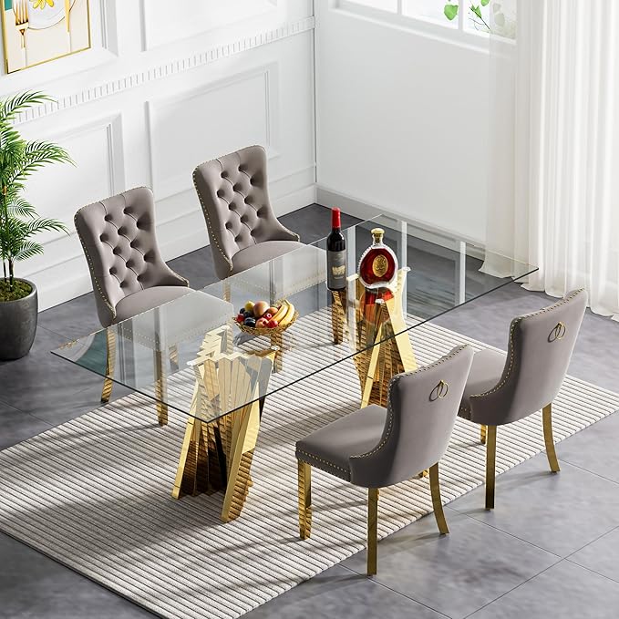 Goujxcy Modern 5 Piece Glass Dining Table Set Luxury Glass Kitchen Table and Chair Set for 4, 70" Large Rectangular Dining Room Table with 4 Tufted Chairs and Stainless Steel Legs (Gold & Grey)