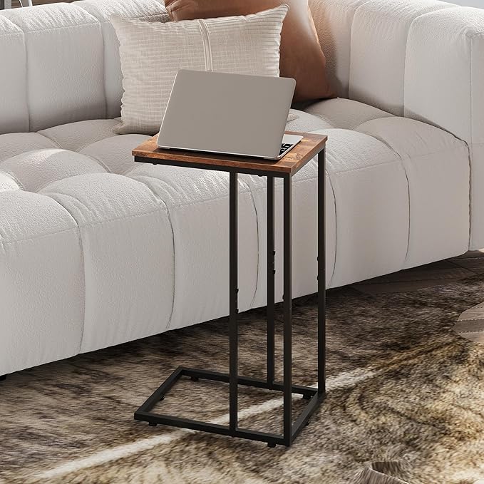 WLIVE Side Table, C Shaped End Table for Couch, Sofa and Bed, Large Desktop C Table for Living Room, Bedroom, Retro Brown and Black