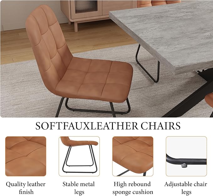 ZckyCine 7-Piece Dining Table Set, 6-Person Modern Rectangular Wooden Expandable Dining Table and 6-Person Leather Dining Chairs, 6-Person Kitchen Table and Chairs, Perfect for Kitchen Dining