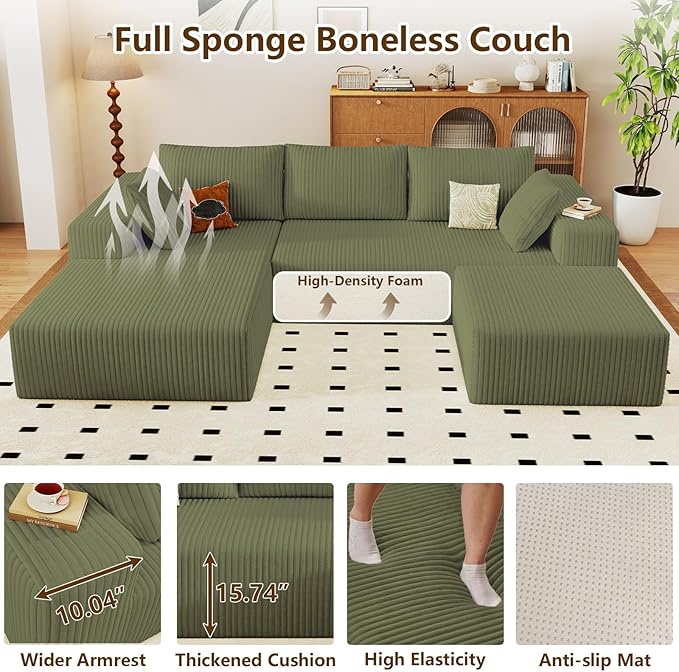 96" U-Shape Cloud Couch, Modern Modular Sectional L-Shape Sofa with Ottoman, Corduroy Upholstered Couches Deep Seat Sleeper Chaise Longue for Living Room, No Assembly Required(Green, Left Facing)